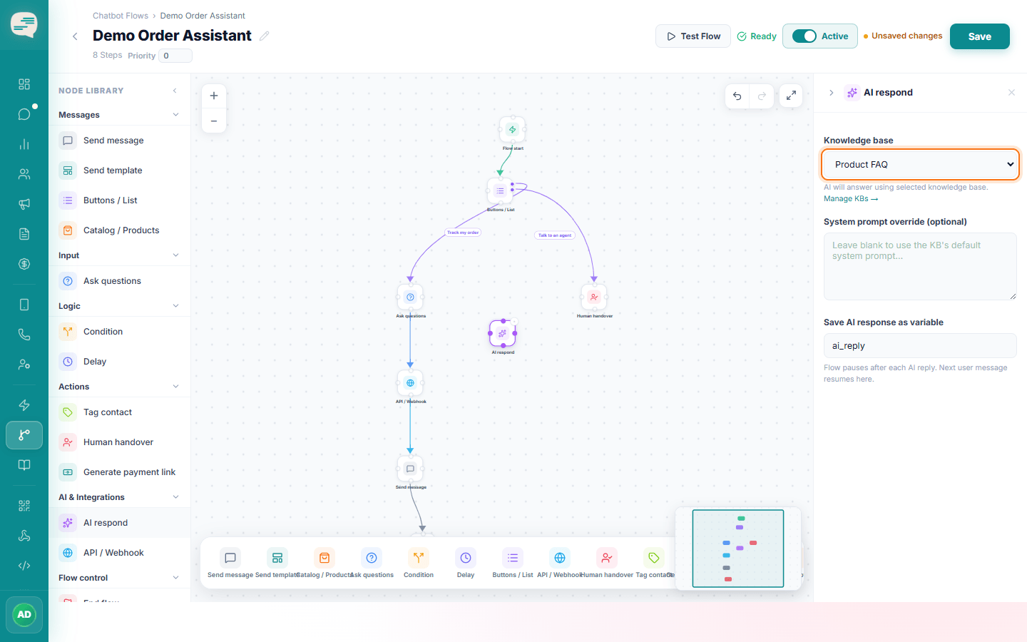 AI respond step settings with the Knowledge base dropdown set to Product FAQ, an optional system prompt override and a response variable