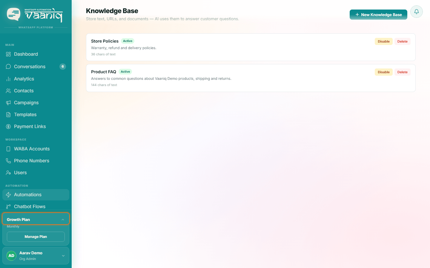 Knowledge Base page listing Product FAQ and Store Policies, with Knowledge Base highlighted in the sidebar