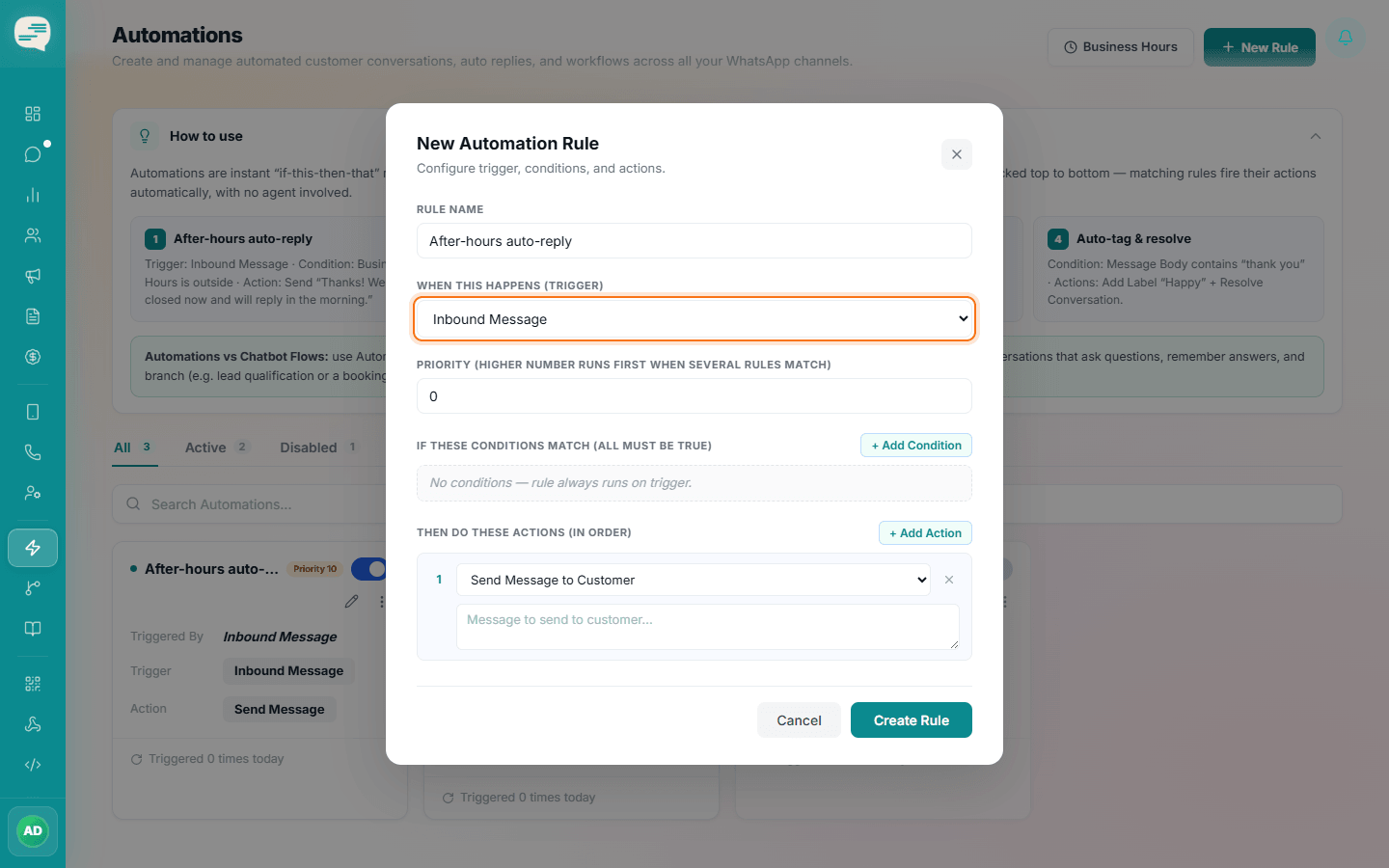 New Automation Rule dialog with the trigger dropdown set to Inbound Message highlighted