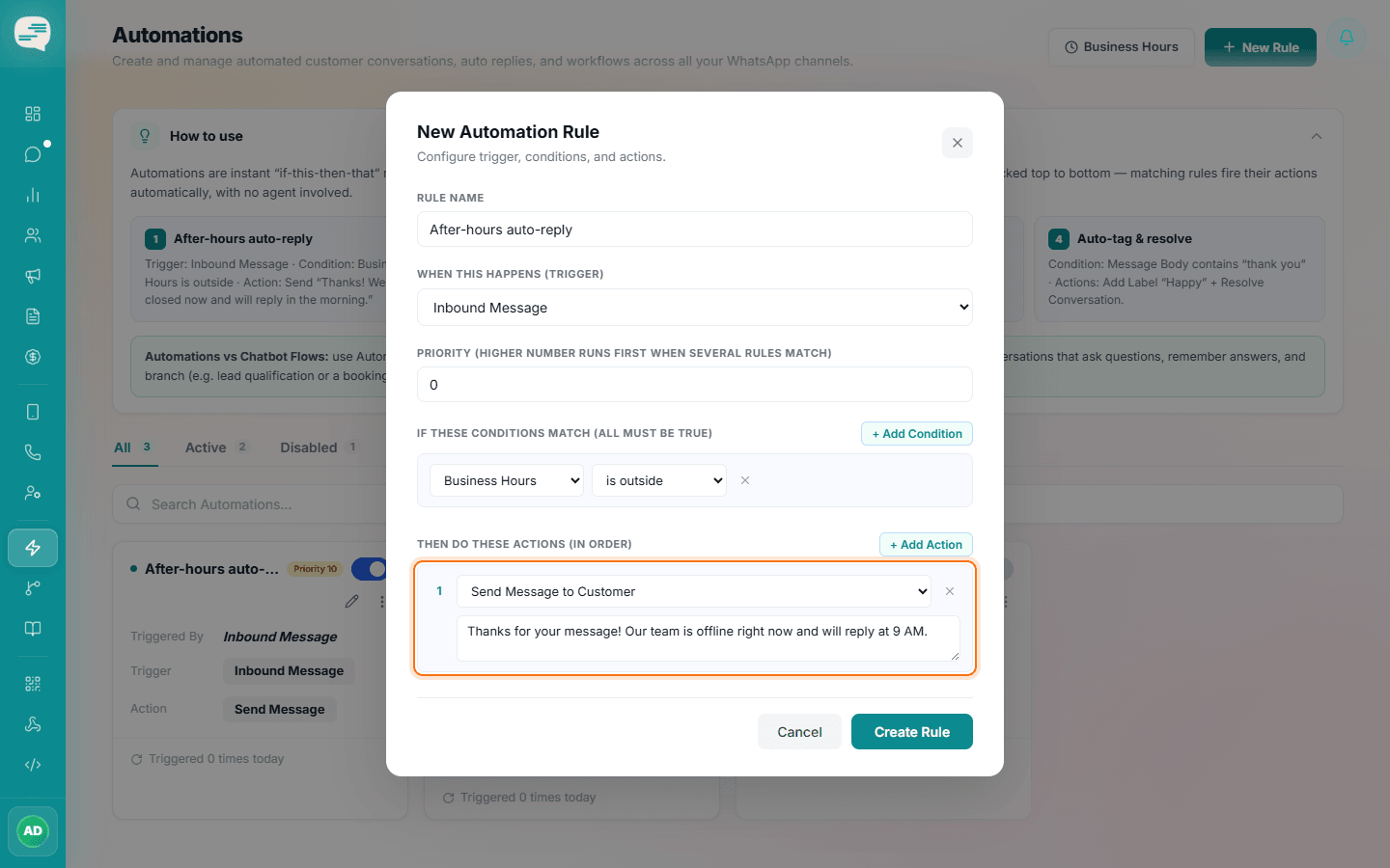 Action set to Send Message to Customer with an after-hours reply typed in