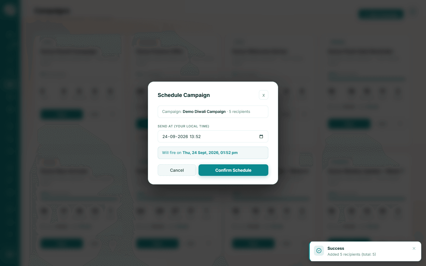 Schedule Campaign dialog with a date and time picker in your local time and a Confirm Schedule button