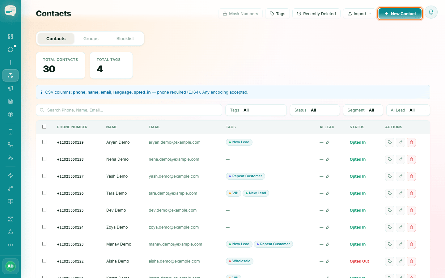 Contacts page with the New Contact button highlighted