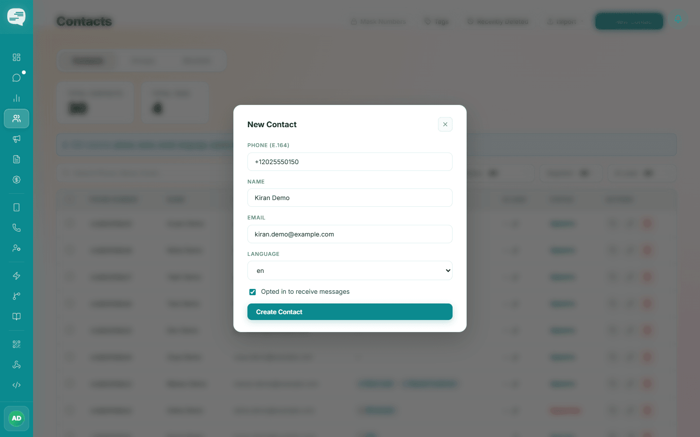 New Contact dialog with phone, name, email, language and an opted-in checkbox