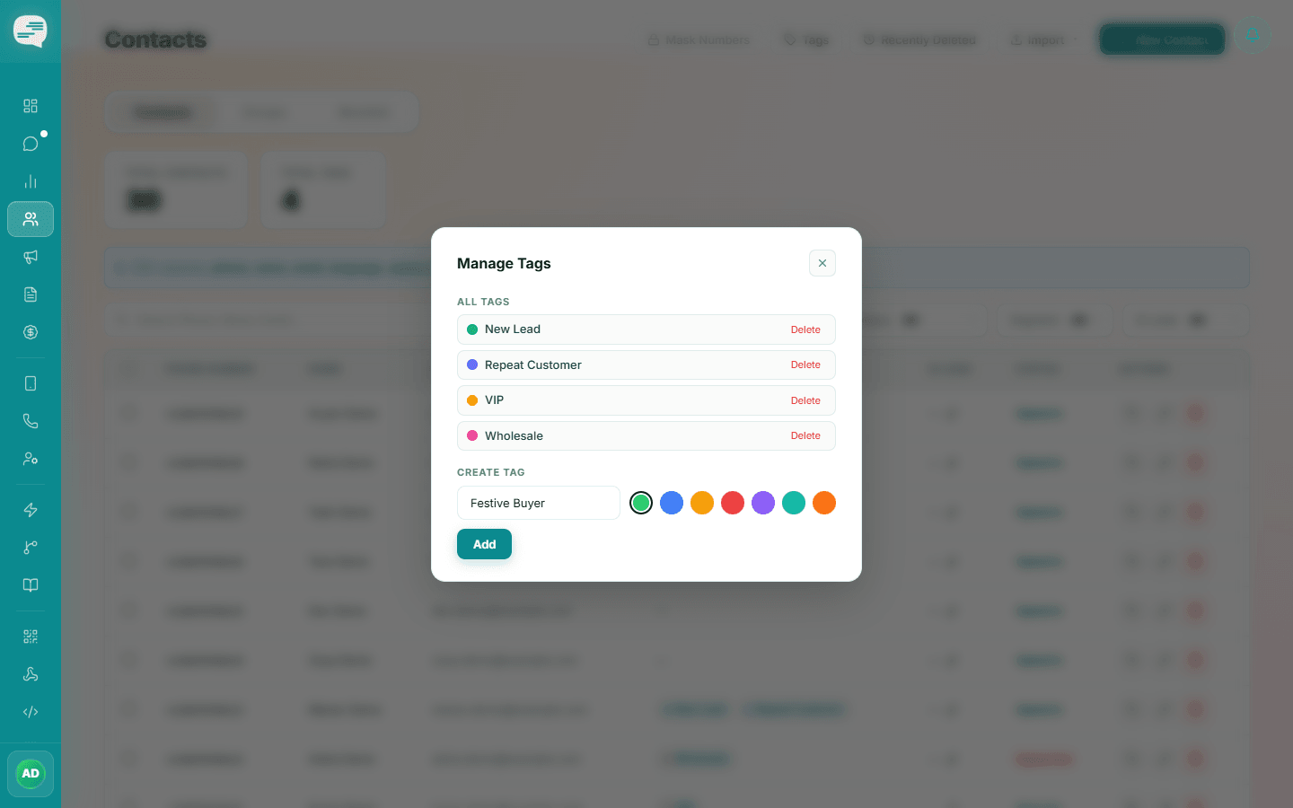 Manage Tags dialog listing existing tags with a new tag name and colour being created