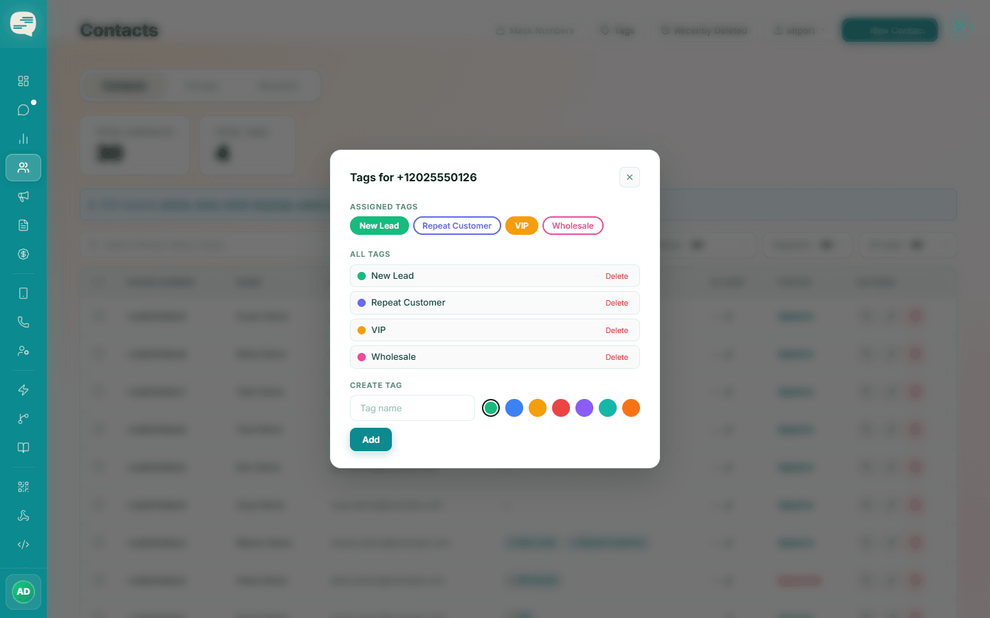 Tags dialog for one contact showing its assigned tags and all available tags