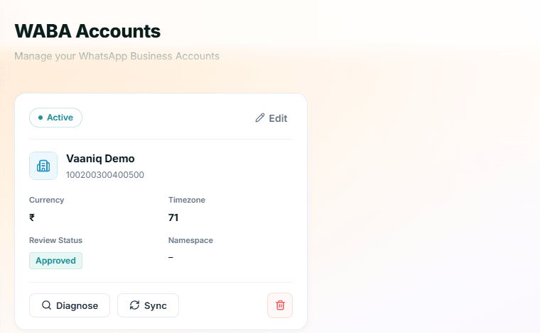 Connected WABA card with an Approved review status on the WABA Accounts page