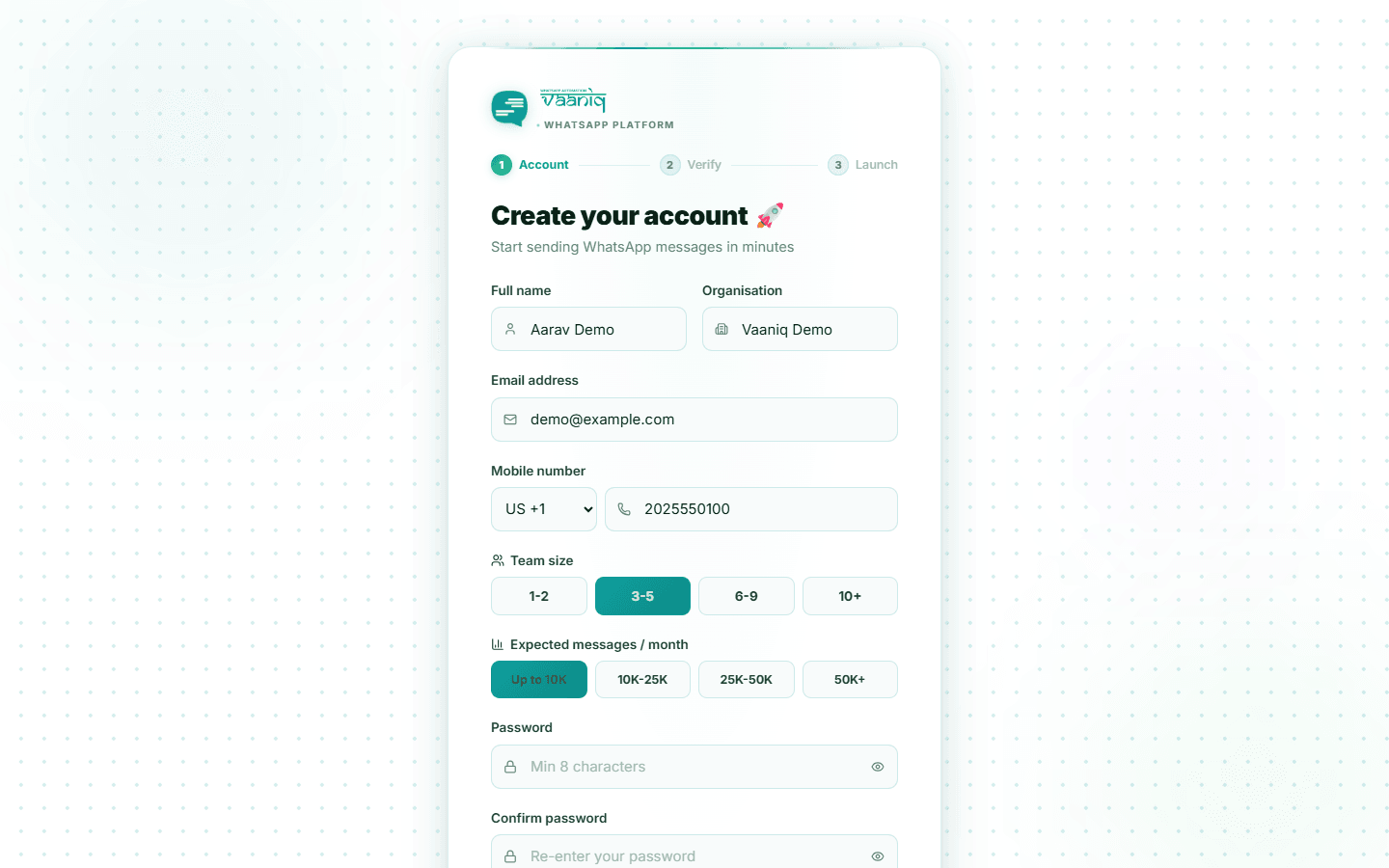 Vaaniq sign-up form filled in with a demo name, organisation, work email, mobile number, team size and expected message volume