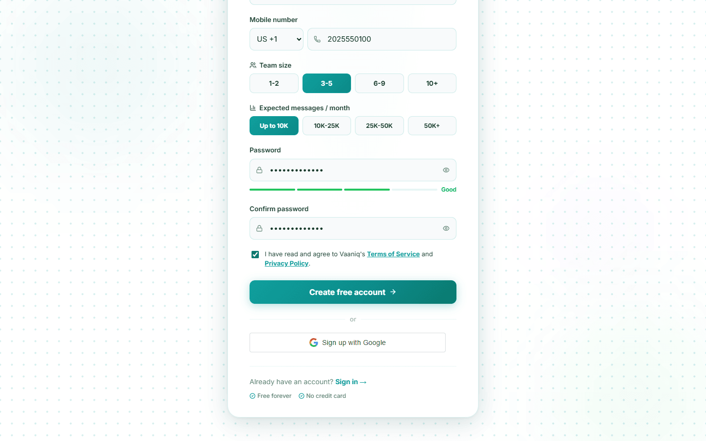 Password and confirm-password fields, the Terms of Service checkbox and the Create free account button