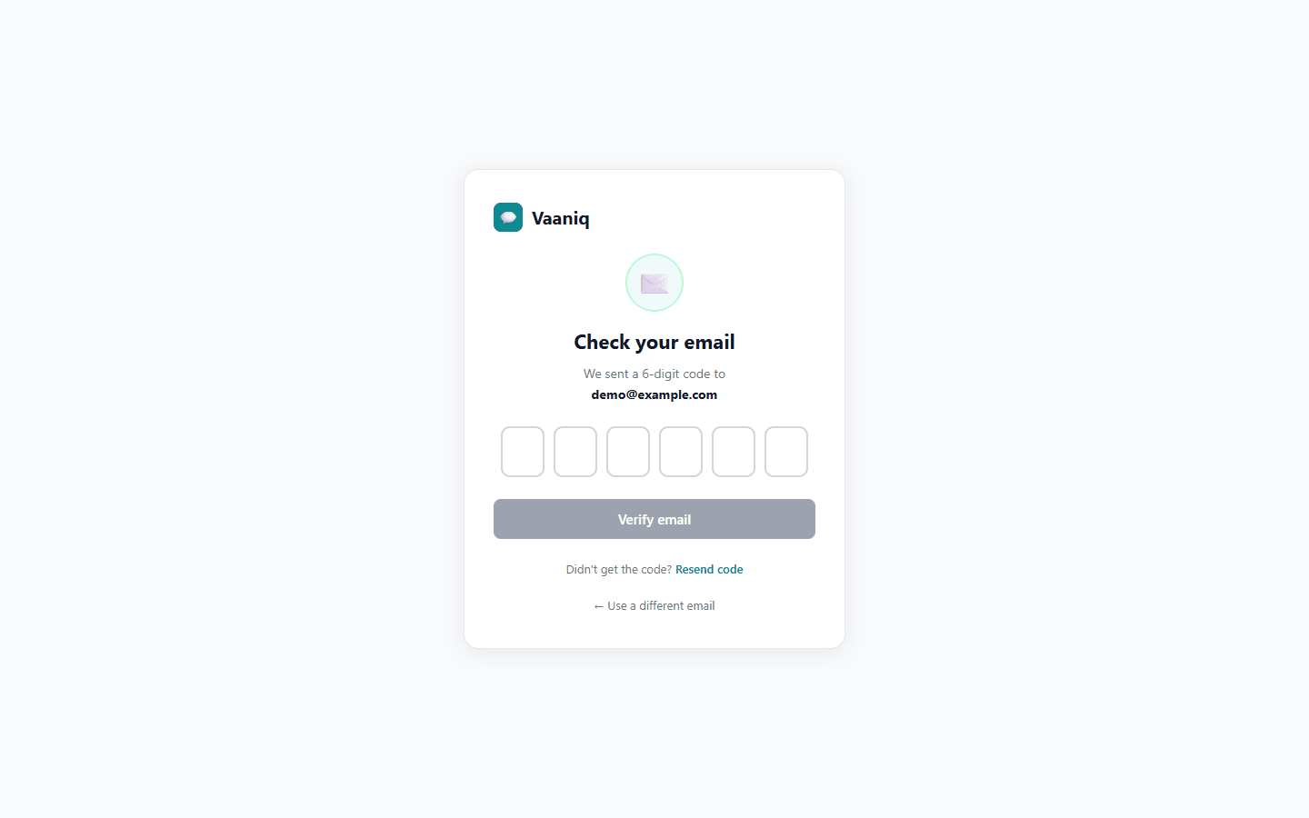 Check your email screen with six code boxes, a Verify email button and a Resend code link
