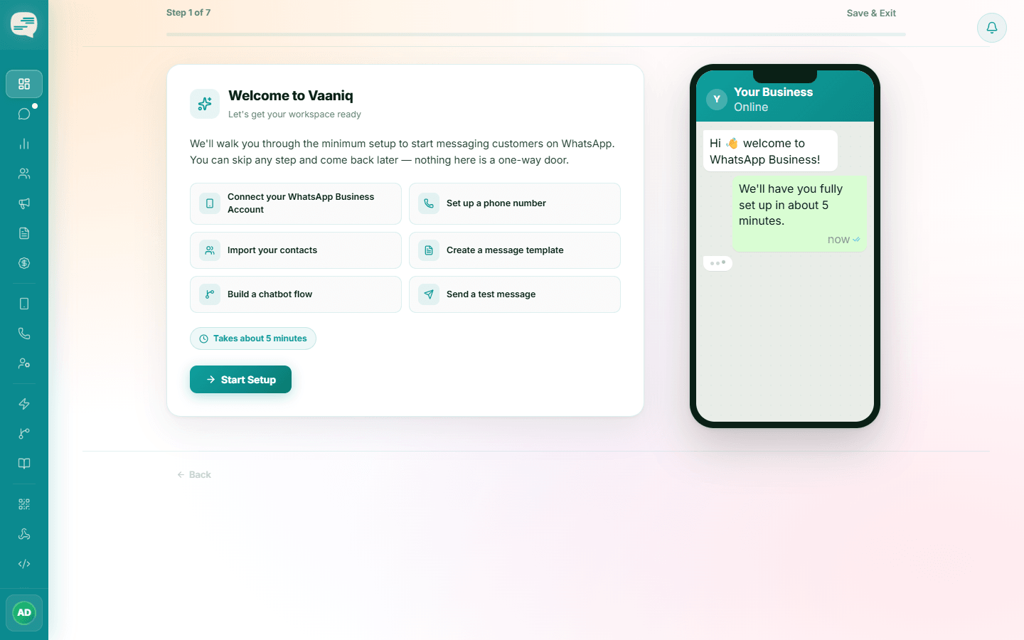 Welcome to Vaaniq step of the onboarding wizard listing the setup steps, with a Start Setup button