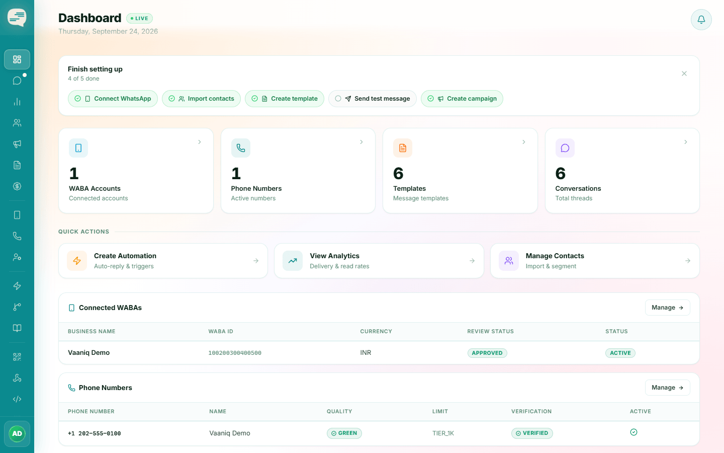 Vaaniq Dashboard with the setup checklist and stat cards for WABA Accounts, Phone Numbers, Templates and Conversations