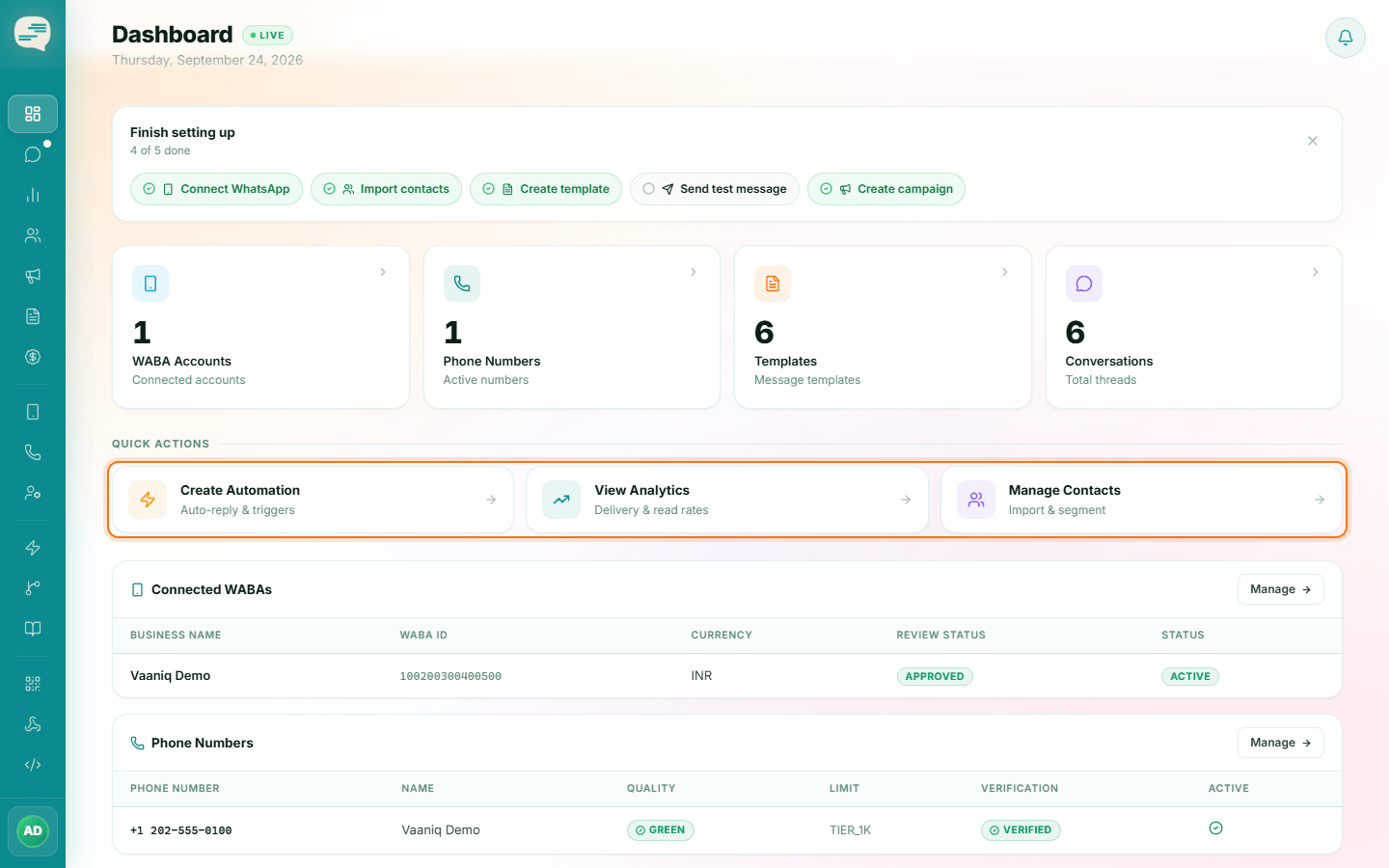 Dashboard with the Quick Actions row highlighted: Create Automation, View Analytics and Manage Contacts