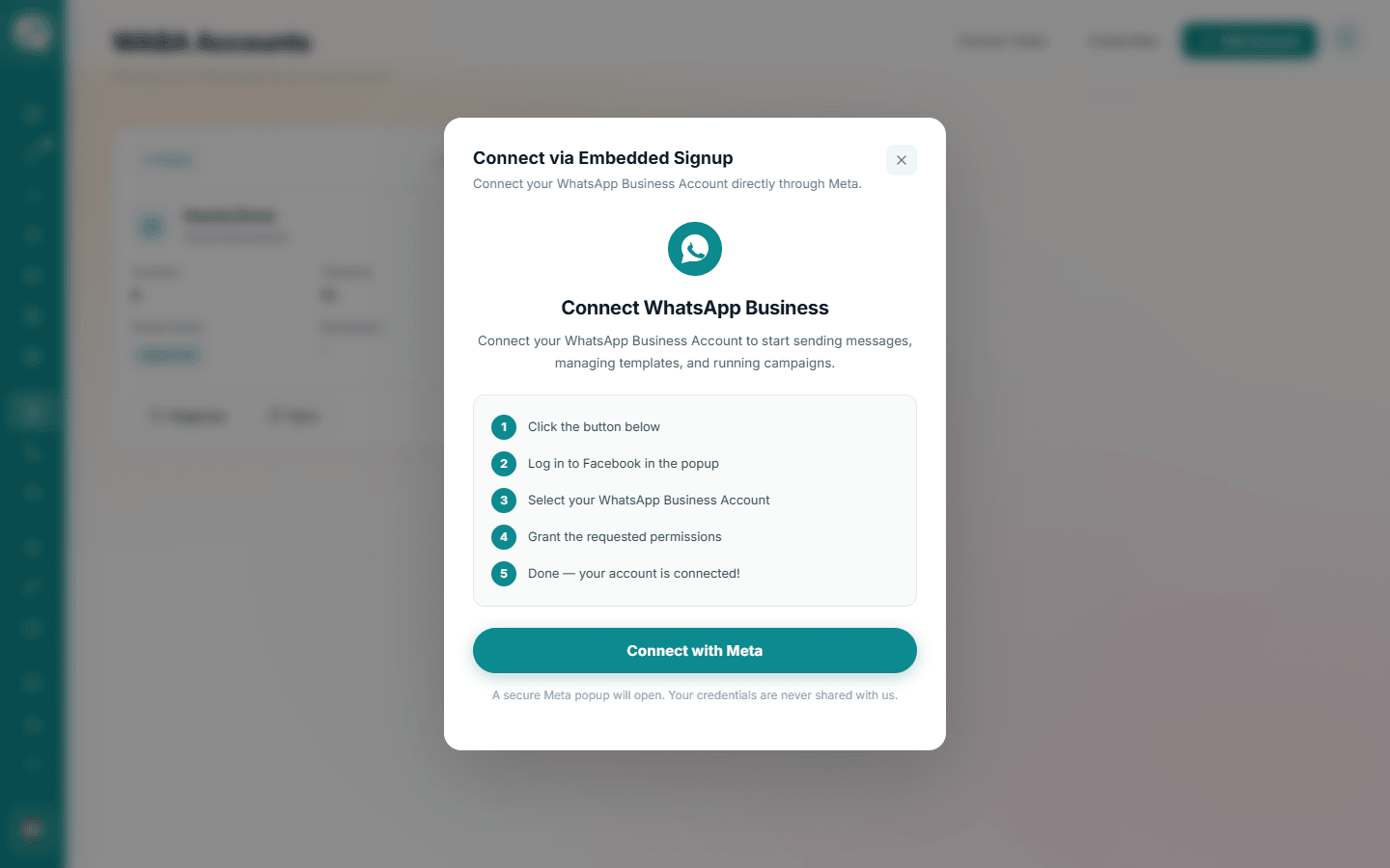 Connect via Embedded Signup dialog with a Connect with Meta button