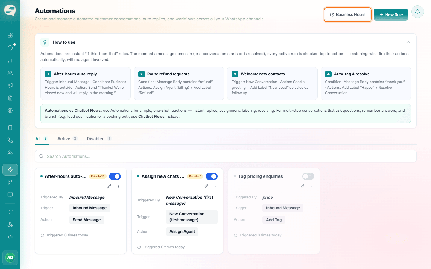 Automations page with the Business Hours button highlighted