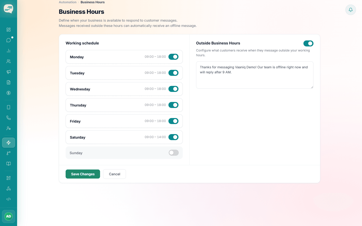 Business Hours page with per-day open and close times and an Outside Business Hours reply message