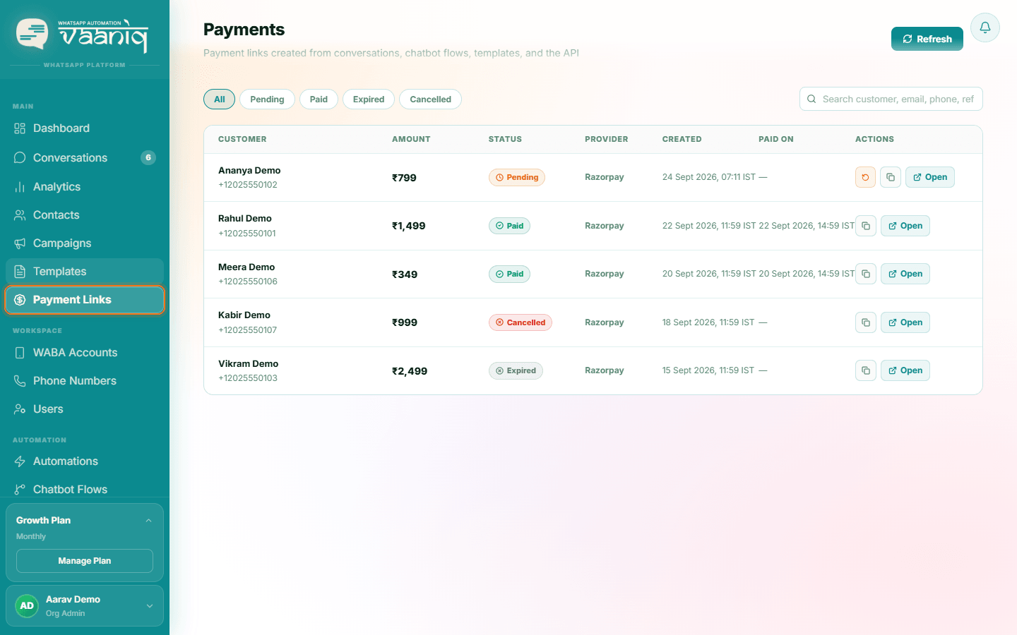 Payments page listing payment links with Pending, Paid, Cancelled and Expired statuses