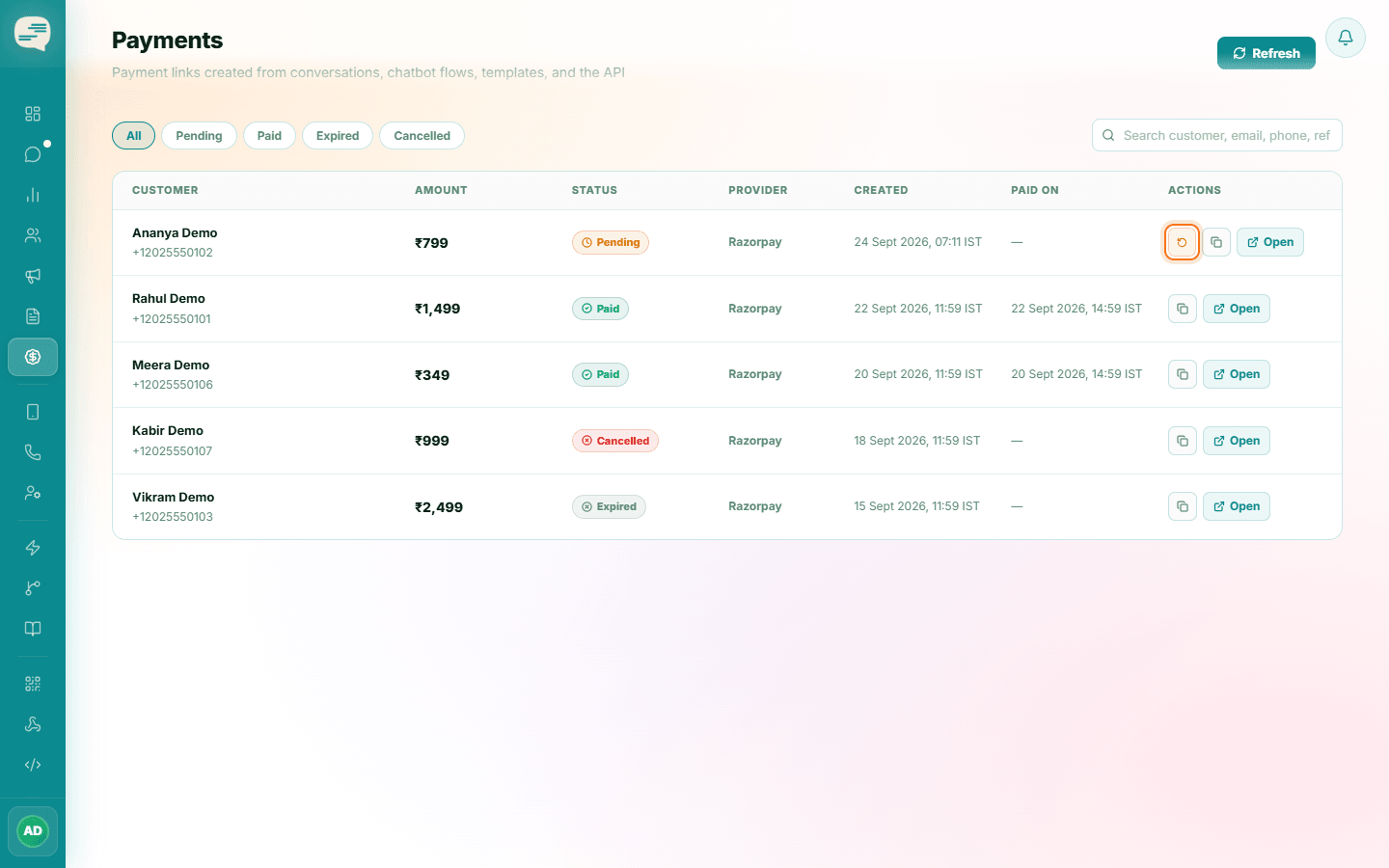 Payments list with the sync-status icon highlighted on a pending link
