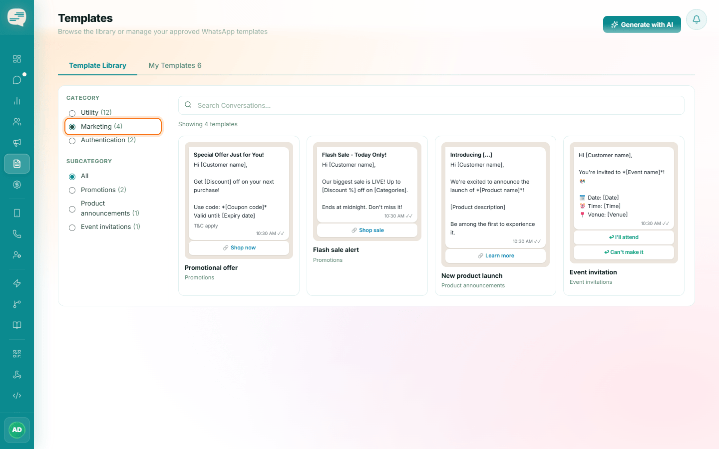Template Library filtered to Marketing templates such as promotional offers and flash sales