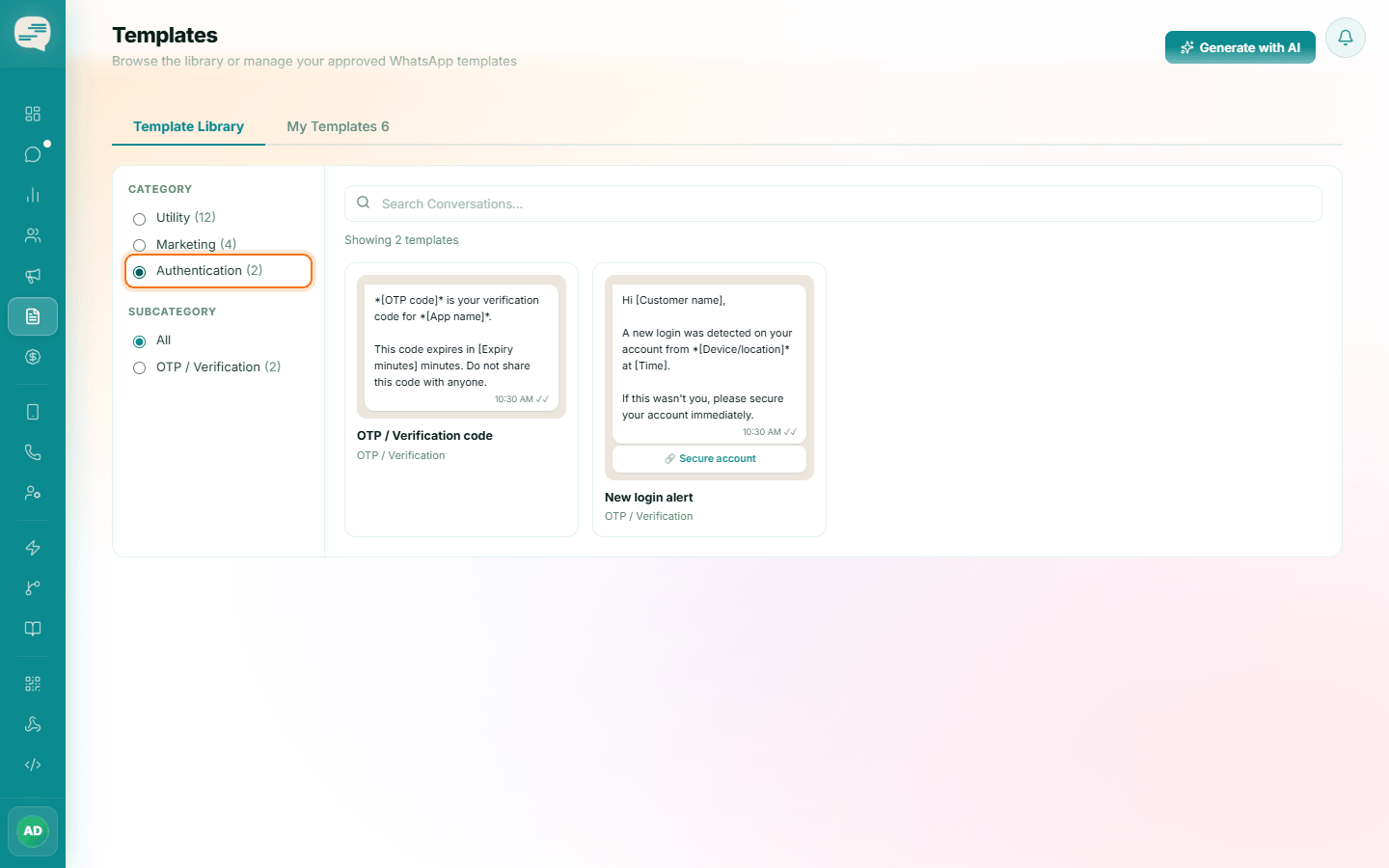 Template Library filtered to Authentication templates such as OTP codes and login alerts
