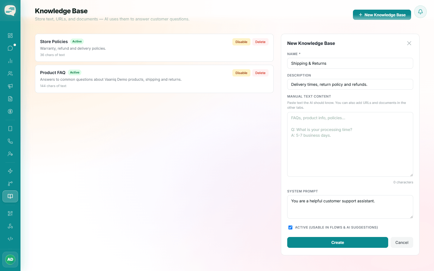 New Knowledge Base form with name, description, manual text content and system prompt