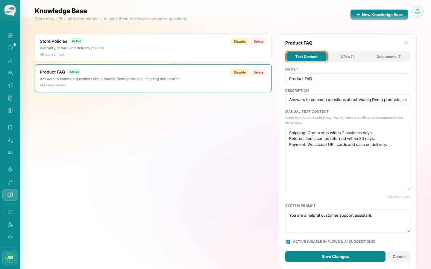 Knowledge base Text Content tab with pasted FAQ text, plus URLs and Documents tabs