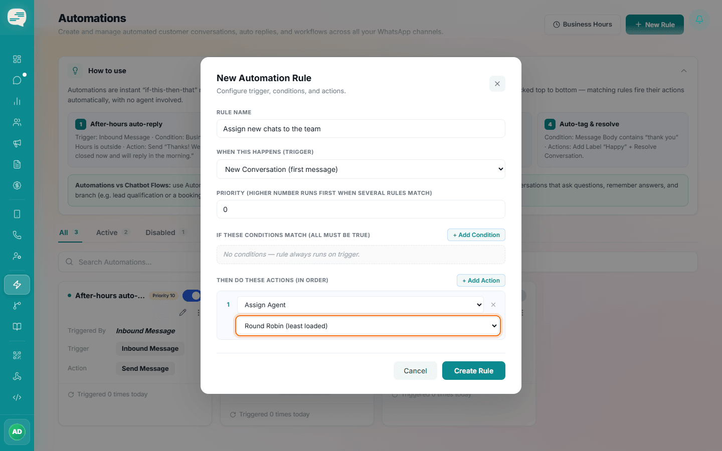 Rule triggered on New Conversation with an Assign Agent action set to Round Robin (least loaded)