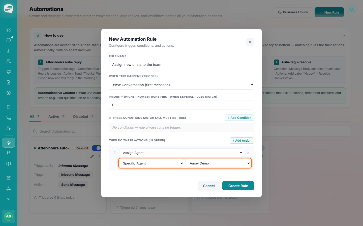 Assign Agent action set to Specific Agent with a team member selected