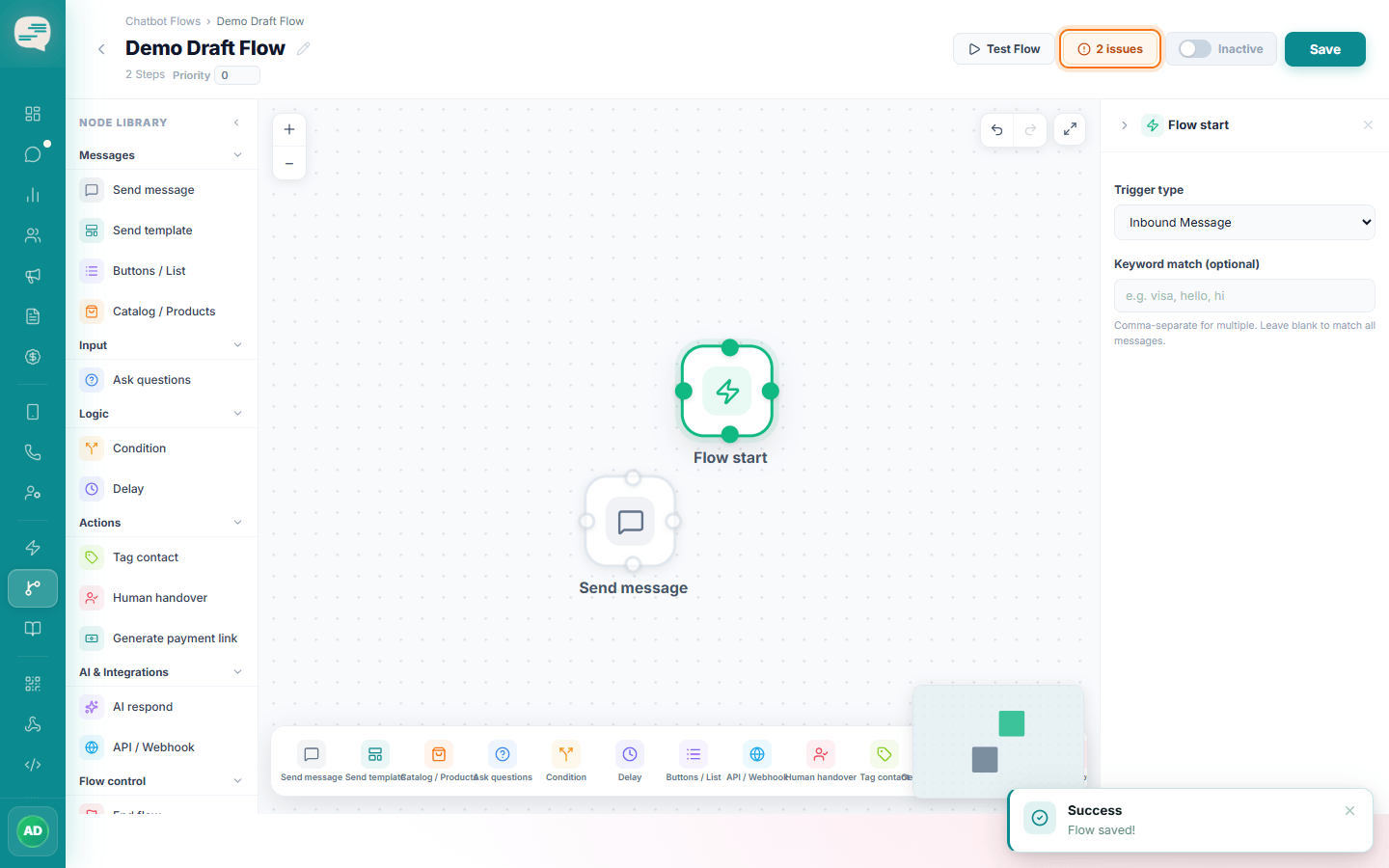 Flow builder header with a 2 issues badge highlighted next to an unconnected Send message step