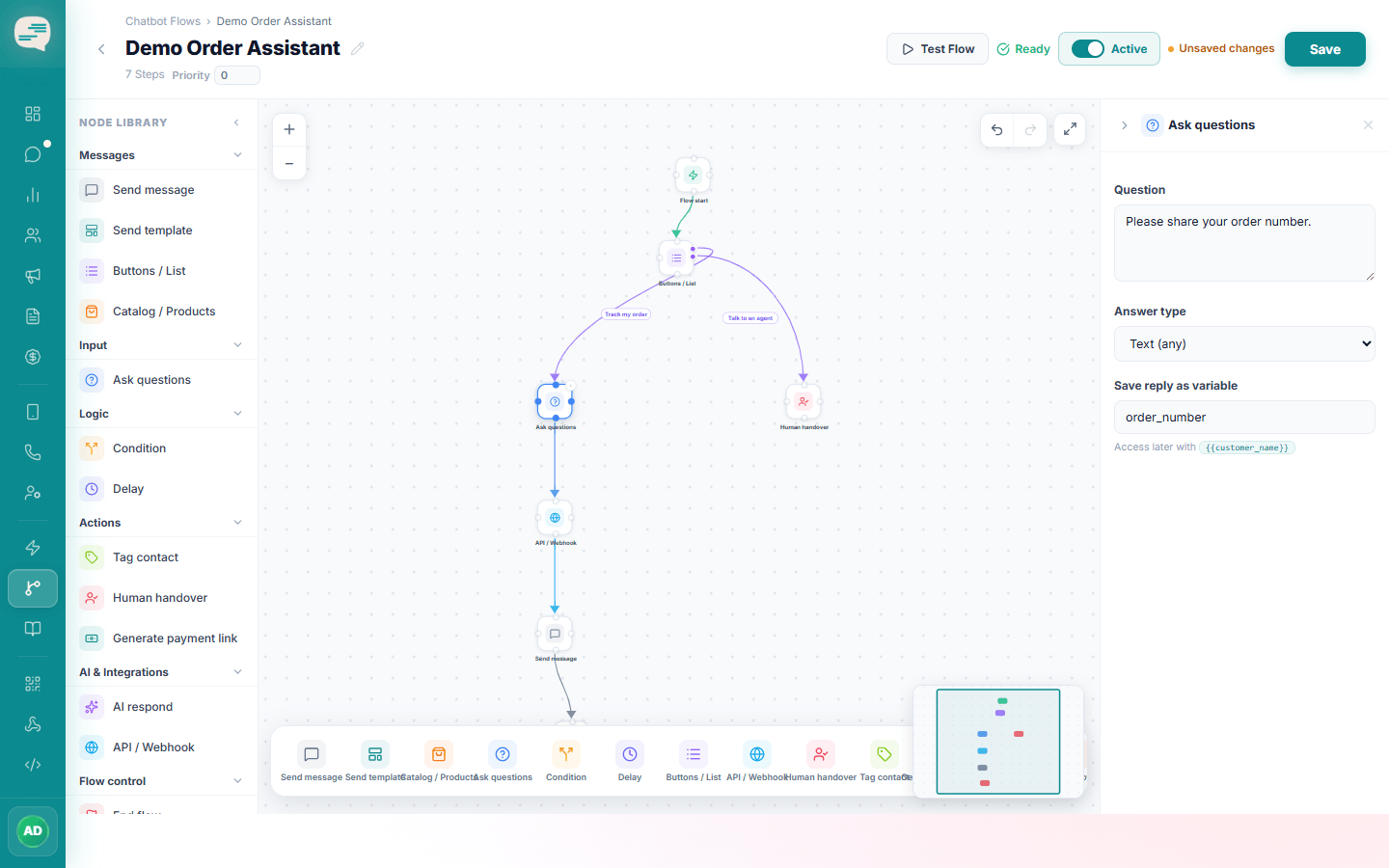 Ask questions step with a question, answer type and a variable name to save the reply