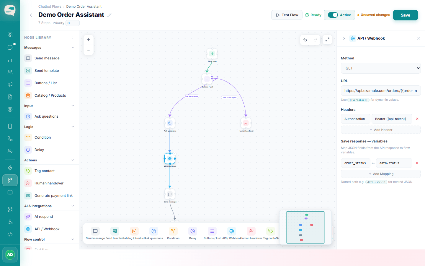 API / Webhook step with the GET method, a URL containing a variable, an Authorization header and a response mapping to order_status