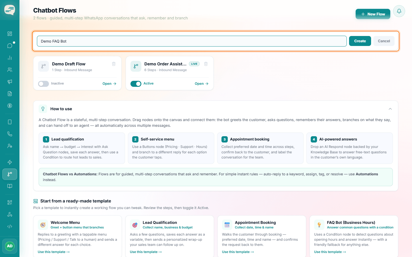 Chatbot Flows page with the new flow name field and Create button highlighted