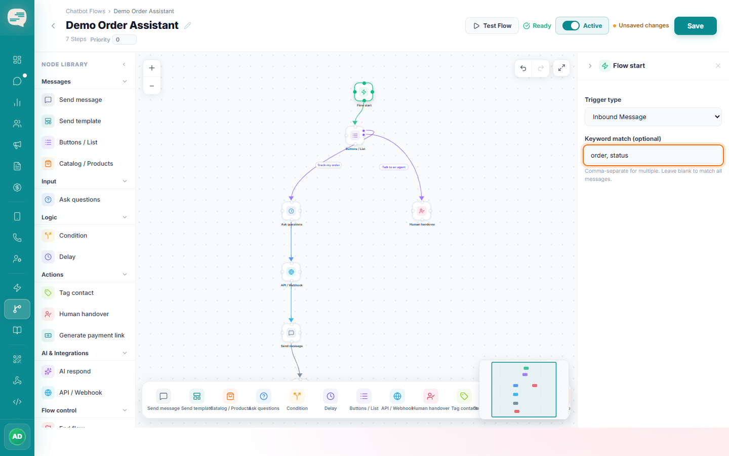 Flow start panel with Trigger type Inbound Message and keywords order, status