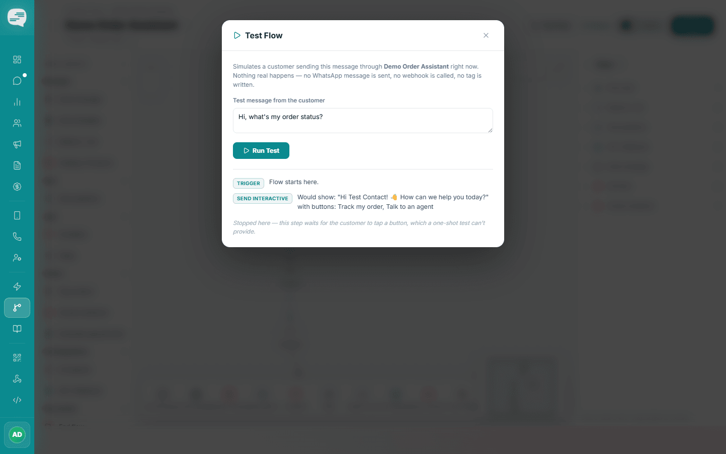 Test Flow dialog with a test message and a step-by-step trace of what the flow would do