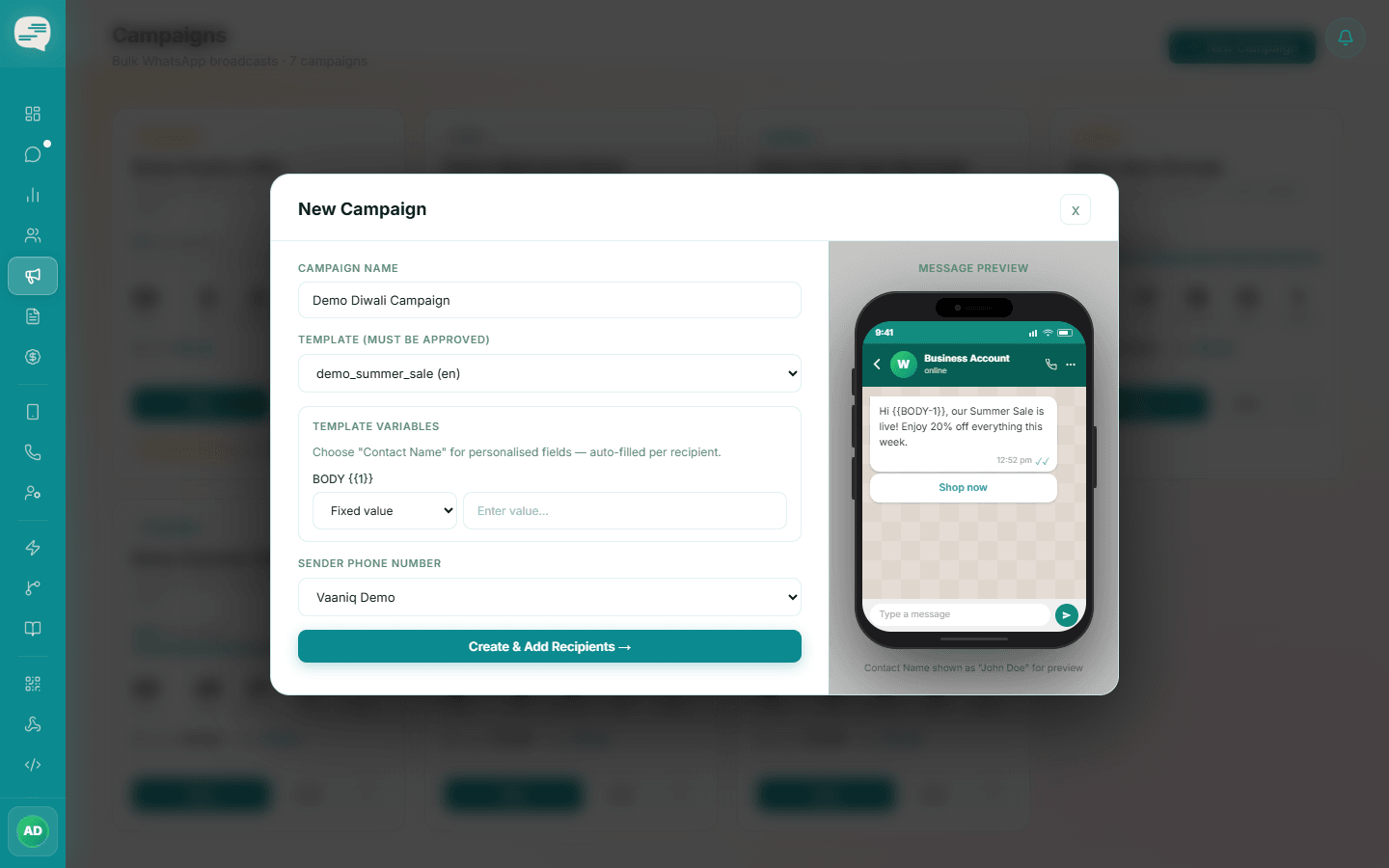 New Campaign dialog with the demo_summer_sale template, sender phone number and a message preview