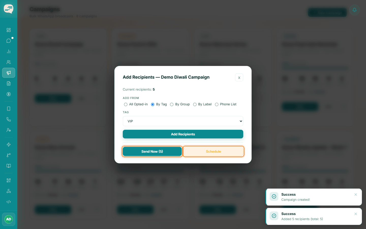 Add Recipients dialog with 5 recipients and the Send Now and Schedule buttons highlighted