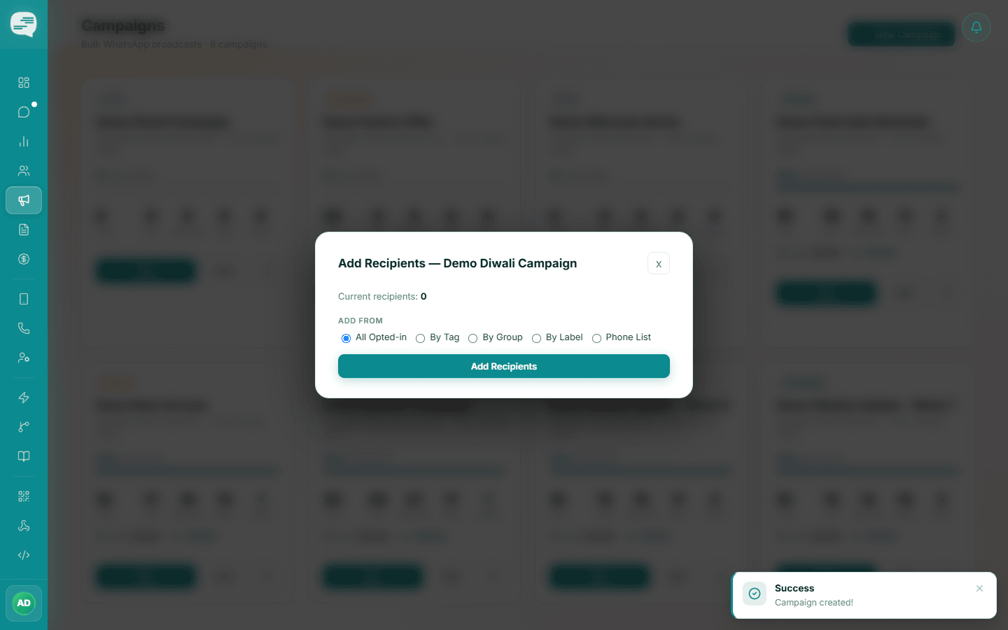 Add Recipients dialog with All Opted-in, By Tag, By Group, By Label and Phone List options
