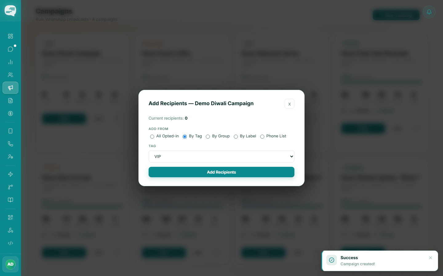 Add Recipients dialog with By Tag selected and the VIP tag chosen