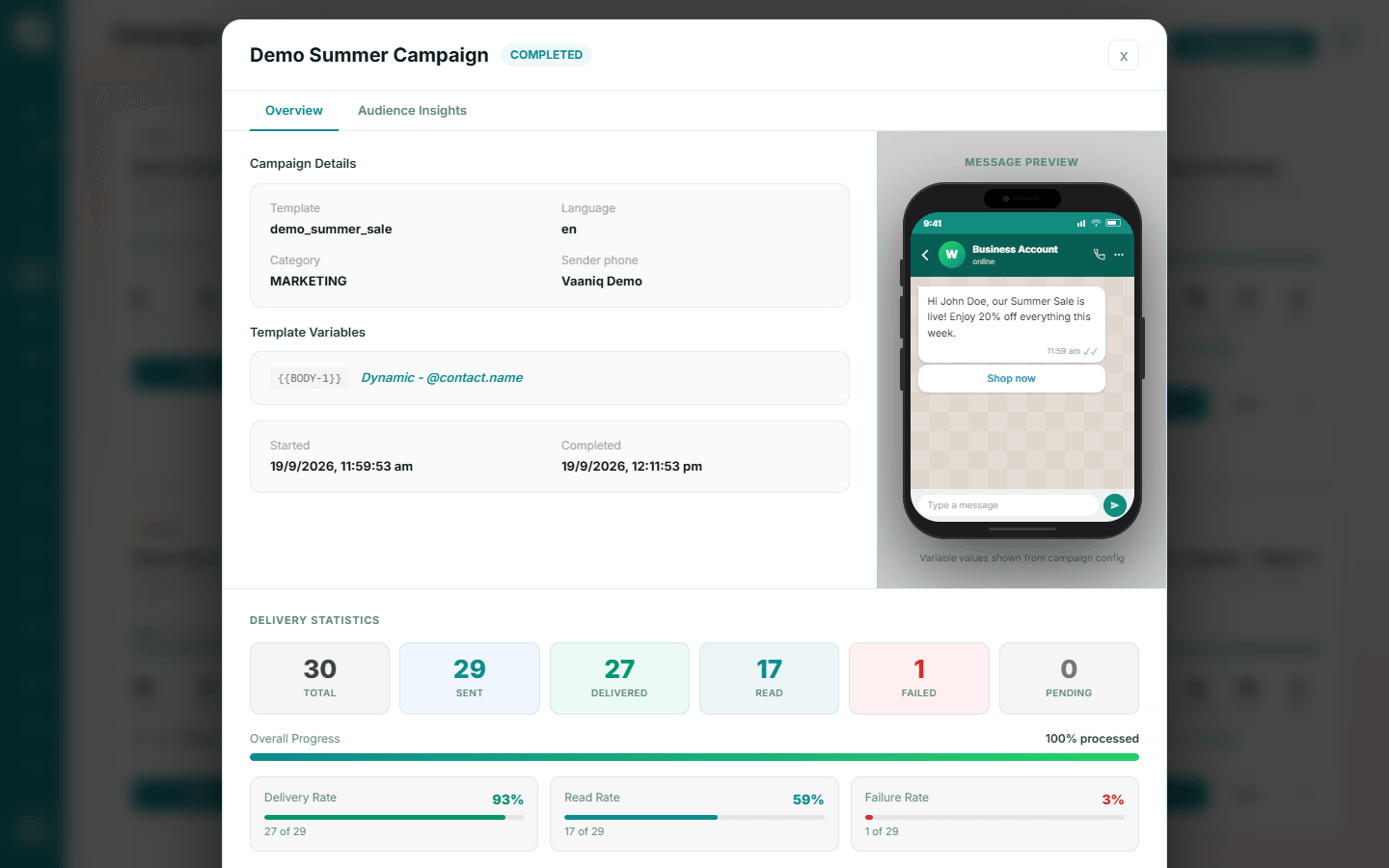 Campaign details for Demo Summer Campaign with template info, a message preview and delivery statistics