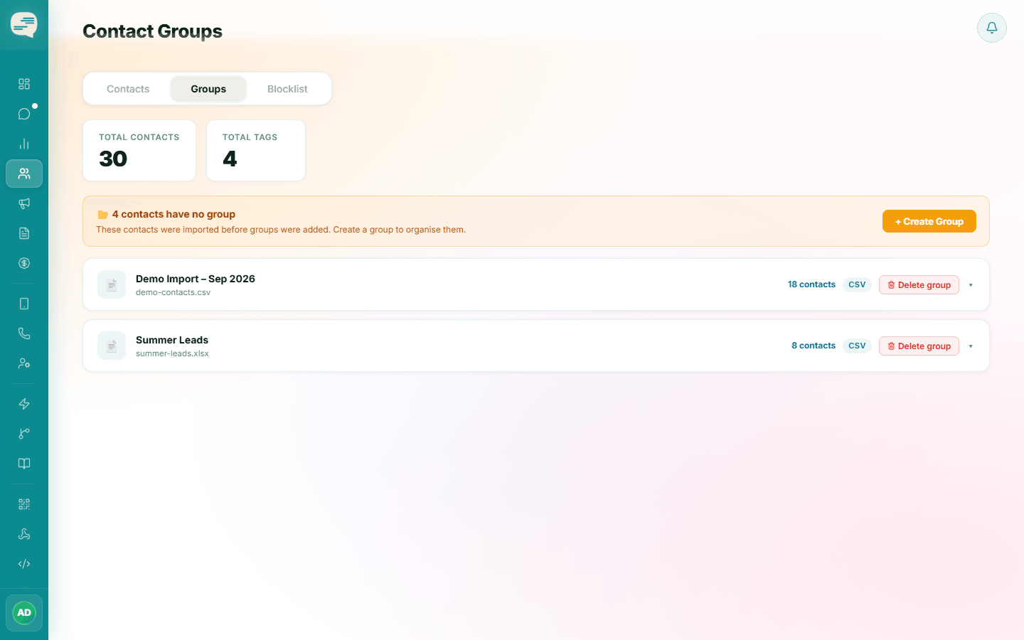 Contact Groups tab listing imported groups with contact counts and a Create Group button for ungrouped contacts
