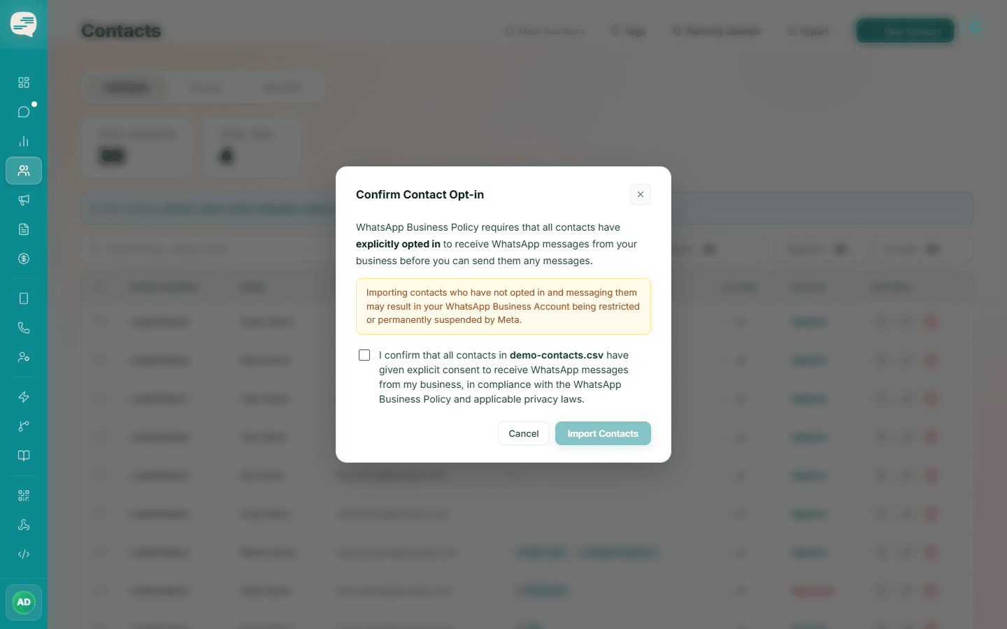 Confirm Contact Opt-in dialog asking you to confirm every contact in the file has opted in