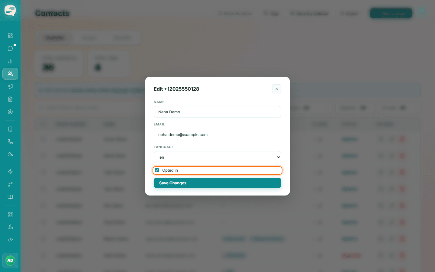Edit contact dialog with the Opted in checkbox highlighted