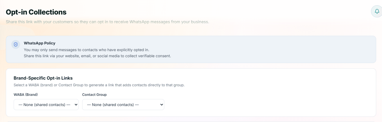 Opt-in Collections page with the WhatsApp policy notice and brand-specific opt-in link settings