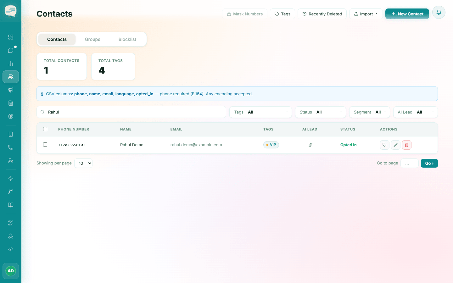 Contacts search box with Rahul typed and one matching contact shown
