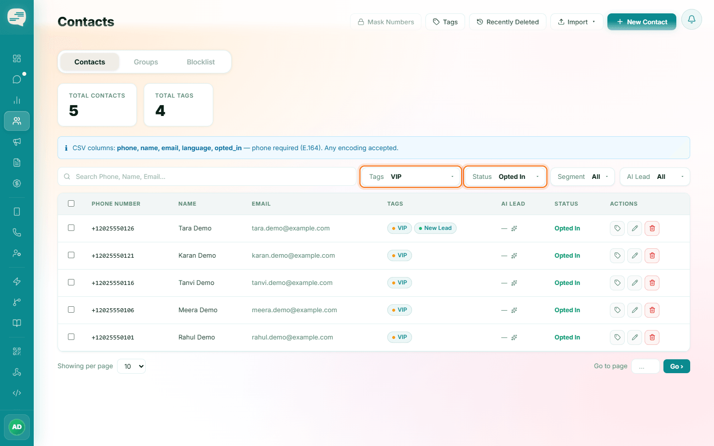 Contacts list filtered by the VIP tag and Opted In status, with both filters highlighted