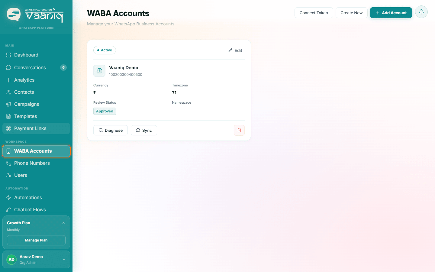Vaaniq sidebar with WABA Accounts highlighted