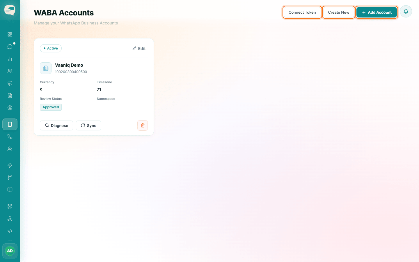 WABA Accounts page with the Connect Token, Create New and Add Account buttons highlighted