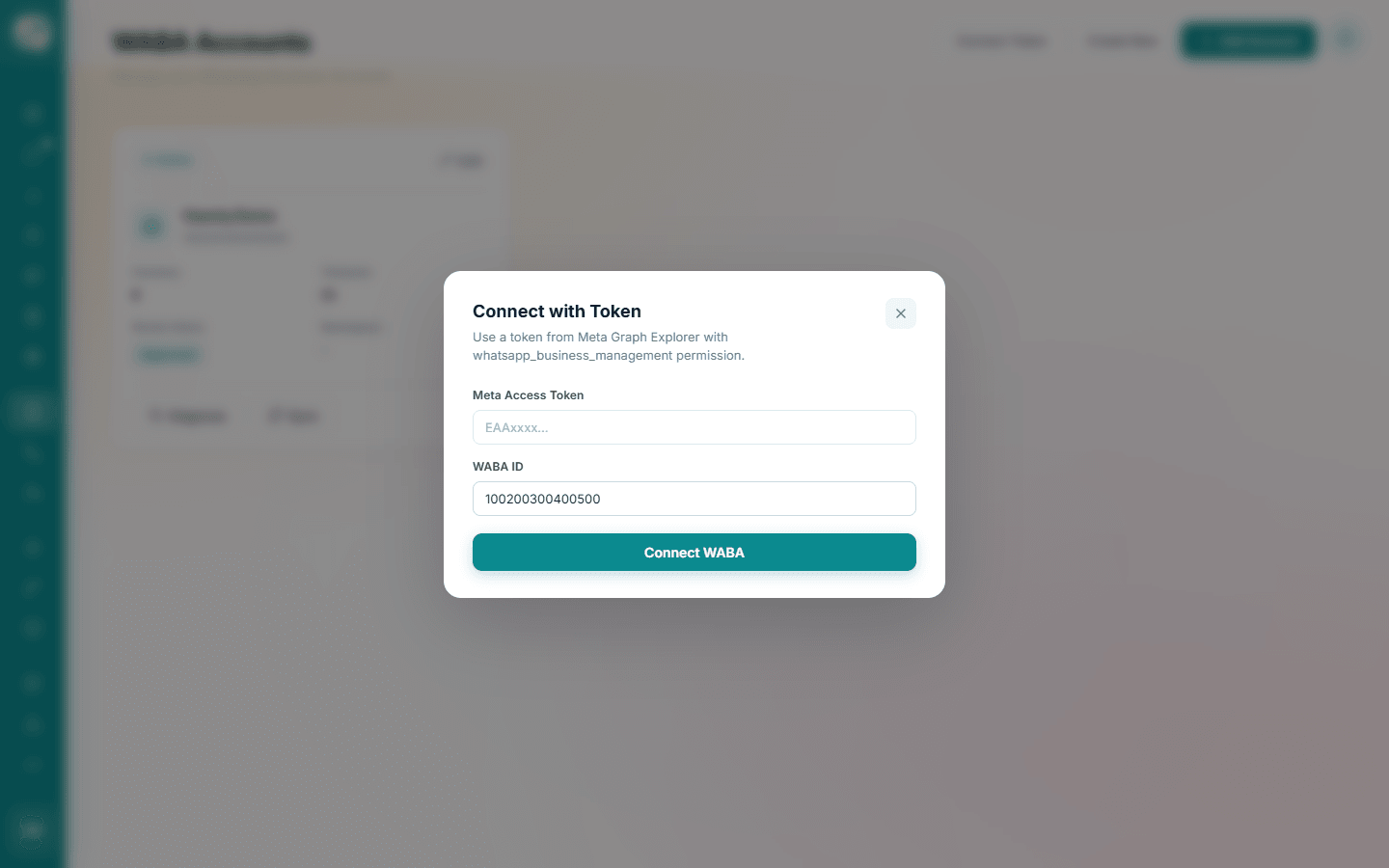 Connect with Token dialog with Meta Access Token and WABA ID fields