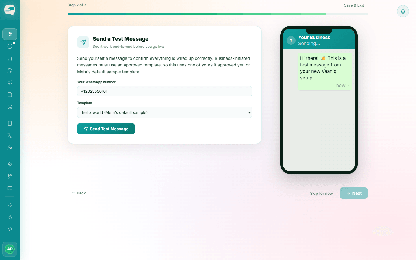 Send a Test Message step of the onboarding wizard with a WhatsApp number field, a template dropdown set to hello_world and a Send Test Message button