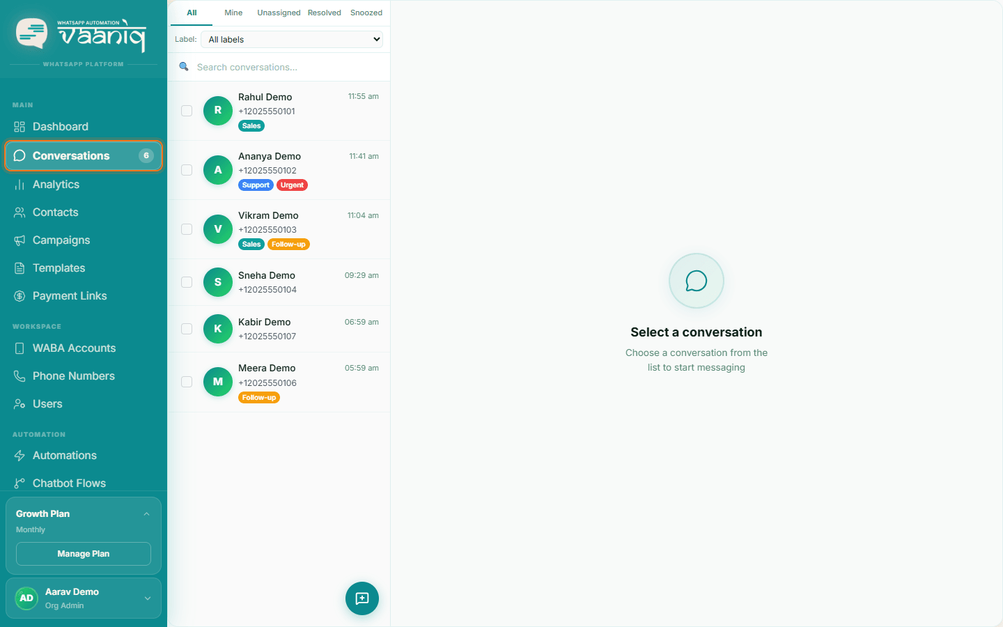 Sidebar with Conversations highlighted next to the conversation list