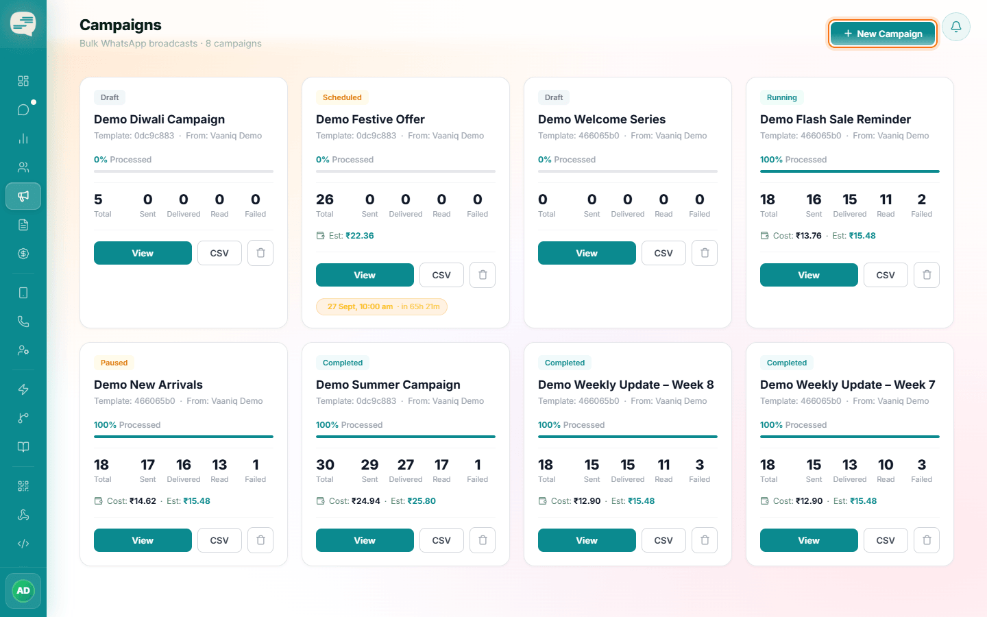 Campaigns page with the New Campaign button highlighted
